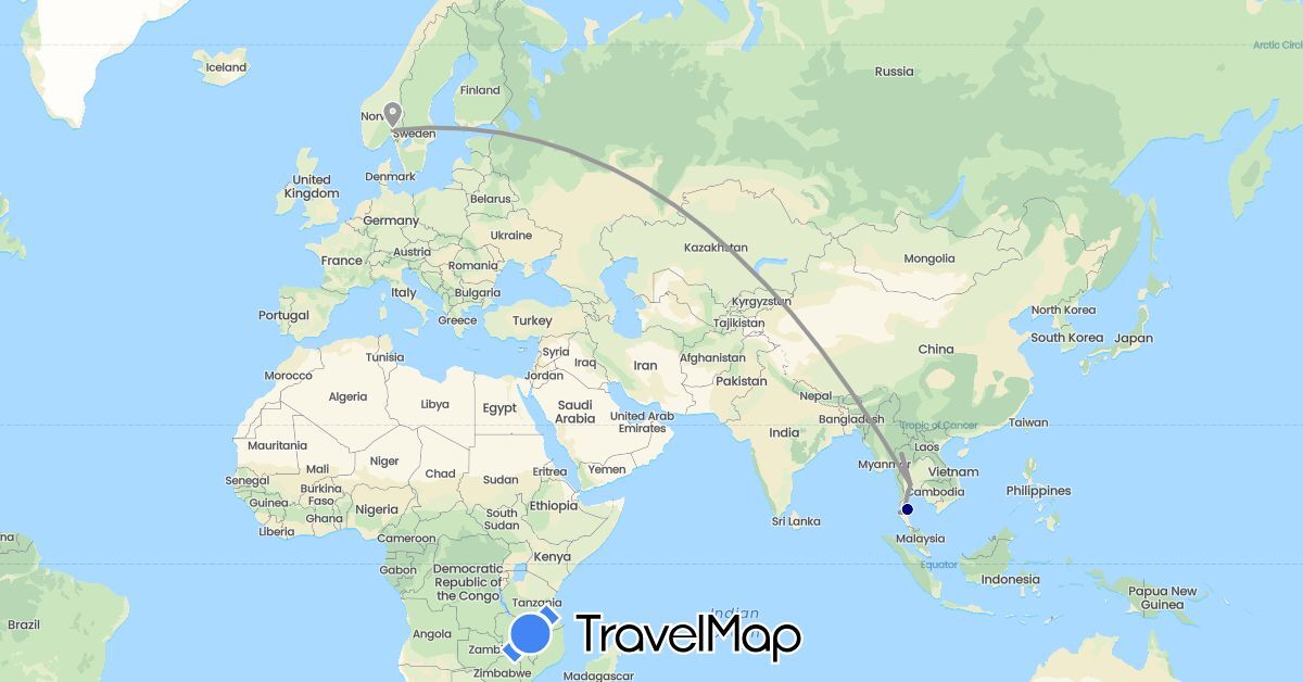 TravelMap itinerary: driving, plane, train in Norway, Thailand (Asia, Europe)